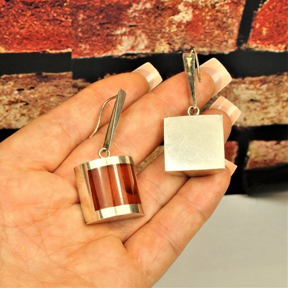 UNIQUE MODERNIST BIG AMBER STERLING DANGLE EARRINGS, GIFT FOR WOMEN - Picture 4 of 11